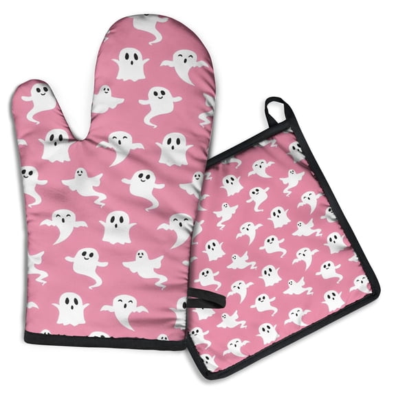 Pink Halloween Ghosts Kitchen Oven Mitt and Pot Holder Sets 2 Pcs for Baking, Cooking and Grilling, Heat Resistant Up To 392 °F