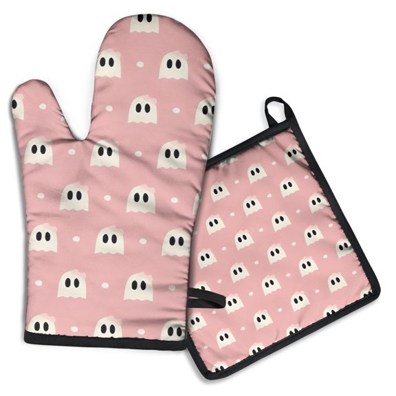 Pink Halloween Ghosts Kitchen Oven Mitt and Pot Holder Sets 2 Pcs for Baking, Cooking and Grilling, Heat Resistant Up To 392 °F