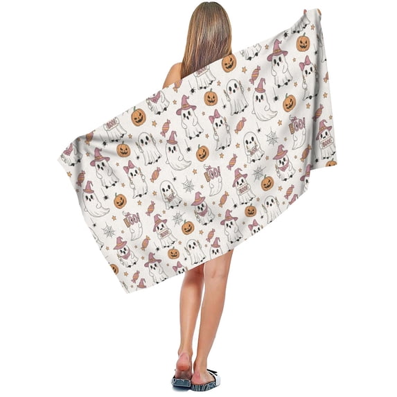Pink Halloween Ghosts Microfiber Bath Towel, Double Terry Body Towel ...