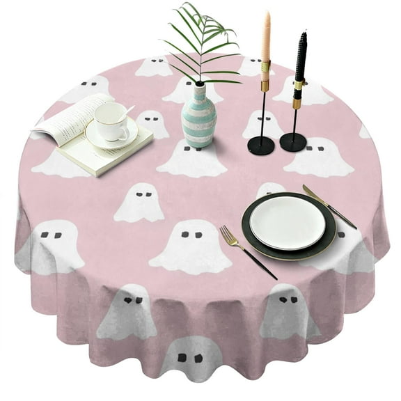 Pink Halloween Ghosts Round Tablecloth 60"x60",Wrinkle Wipeable Table Cloth for Kitchen Dining Room Picnic Patio Party