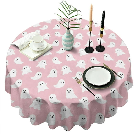 Pink Halloween Ghosts Round Tablecloth 60"x60",Wrinkle Wipeable Table Cloth for Kitchen Dining Room Picnic Patio Party