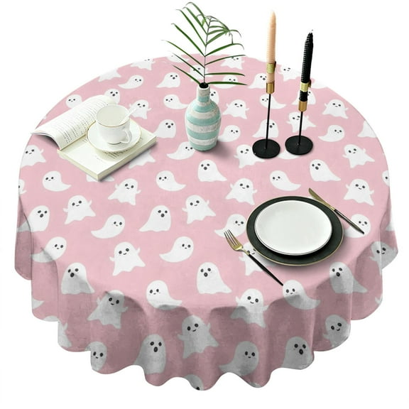 Pink Halloween Ghosts Round Tablecloth 60"x60",Wrinkle Wipeable Table Cloth for Kitchen Dining Room Picnic Patio Party