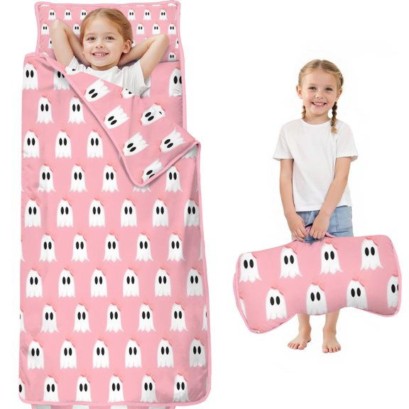 Pink Halloween Ghosts with Bows Toddler Nap Mats for Kids Preschool,59"x22" Sleeping Mat Bag or Kids,Toddler Sleeping Bag,Toddler Nap Mat or Daycare
