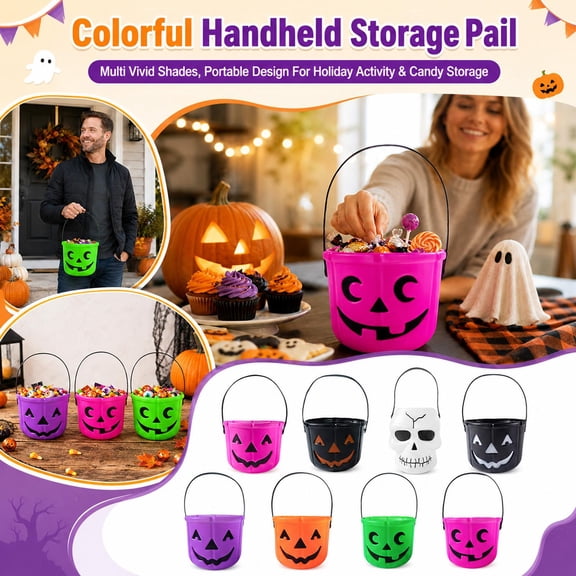 Pink Halloween Jack O Lantern Candy Bucket, 7 Inch Trick Or Treat Pail with Handle for Student Halloween Party Favors Lightweight Plastic Candy Holder for Holiday Outdoor
