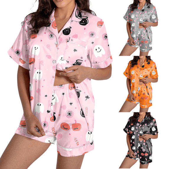 Pink Halloween Pajamas Women Satin Pj Sets For Woman, Button Down Shirts With Pajama Shorts, Cute Print, Comfy Sets S