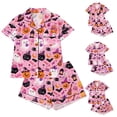 thumbnail image 1 of Pink Halloween Pajamas Women Satin Print Short Sleeve Top, Drawstring Soft Vacation Sleep Shorts M, 1 of 3