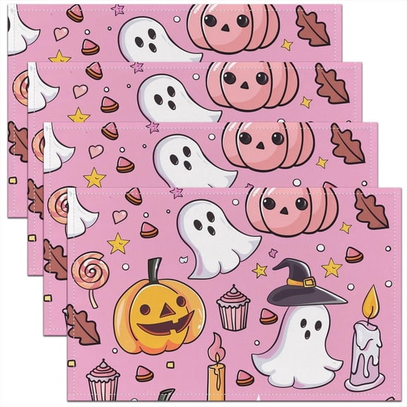 Pink Halloween Placemats Set of 4, Ghost Table Mats, Horror Theme Room Decor Pumpkin Place Mat for Kitchen Dining Table Party Decor Indoor Outdoor 18"x12" Non-Slip Easy to Clean