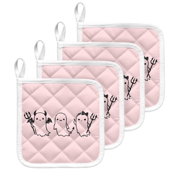 Pink Halloween Pot Holders for Kitchen Heatproof Potholder, 4 Pack Funny Ghost Cute Cartoon Spooky Hot Pads Multipurpose Oven Pads Terry Cloth Potholders Trivet for Cooking and Baking