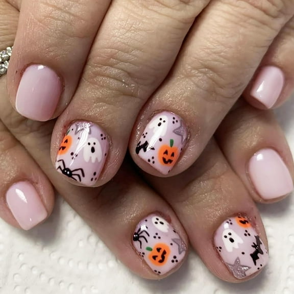 Pink Halloween Press on Nails Short Square Fake Nails Full Cover False Nails with Bat Ghost Pumpkin Designs Cute Halloween Nails Acrylic Glue on Nails Short Stick on Nails for Women A19 0.09 Fl Oz