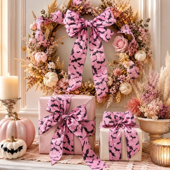 Pink Halloween Ribbon for Wreath Bows, 5 Yards, Pastel Girly Halloween Ghost Wired Ribbons for Crafts Supplies, Box Carton Decor