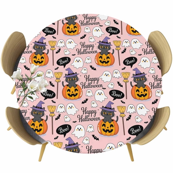 Pink Halloween Round Tablecloth, Fitted Table Cover with Elastic for 55"-60" Round Tables, Pumpkins Cat Ghost Black Bat Table Cloth Outdoor Indoor Dinning Party Waterproof Tablecloths