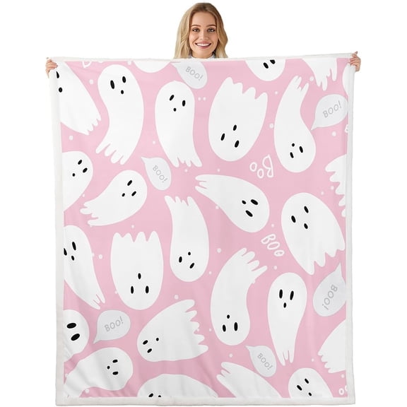 Pink Halloween Sherpa Blanket Baby 30"x40" Cartoon Pink Ghost Fleece Throw Blanket for Bed Sofa Couch Kids Kawaii Cute Plush Blanket Pink Fuzzy Blanket Bedroom Flannal Blanket
