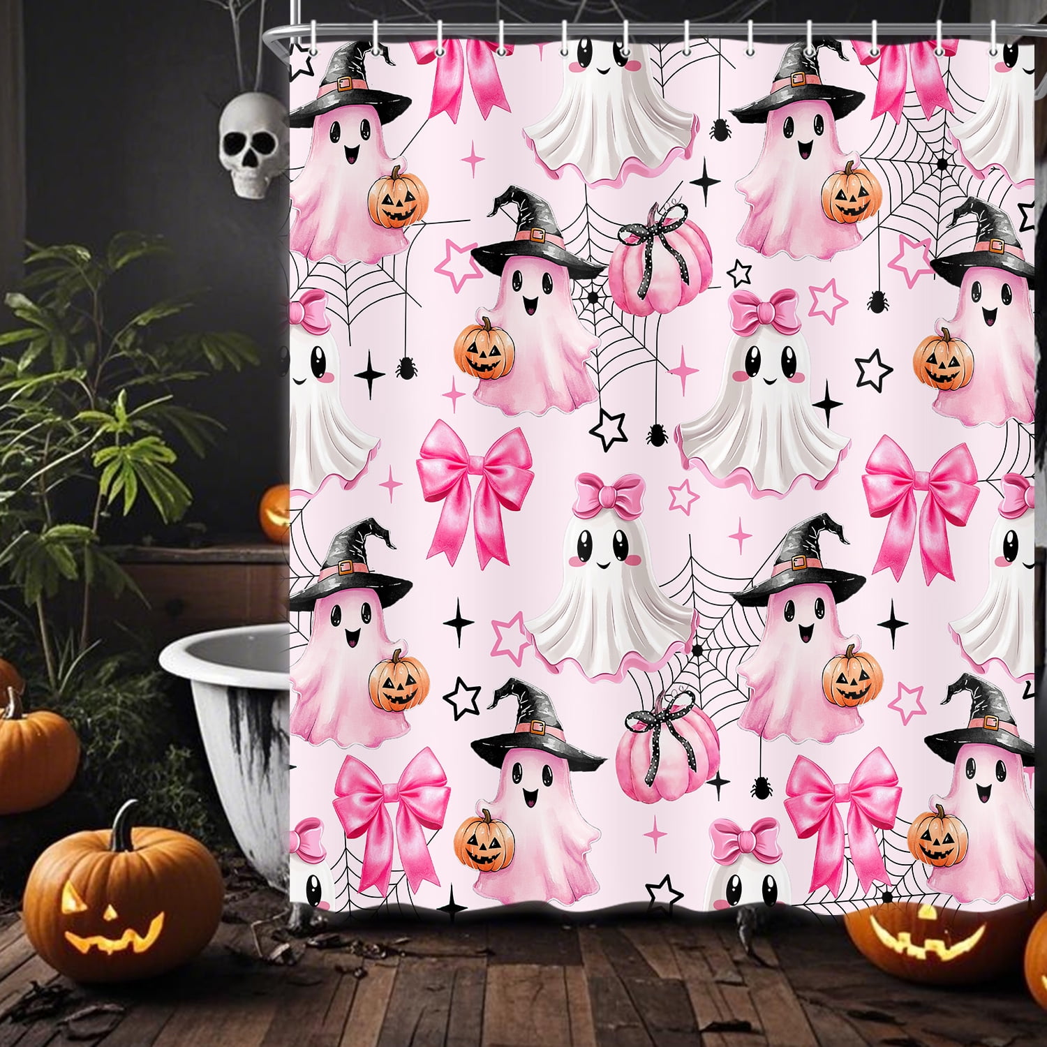 Pink Halloween Shower Curtain, Cute Ghost Pumpkin Spooky Shower Curtain for Bathroom, Funny Halloween Holiday Cartoon Spooky Bathroom Decor Fabric with Hook, 60X70in