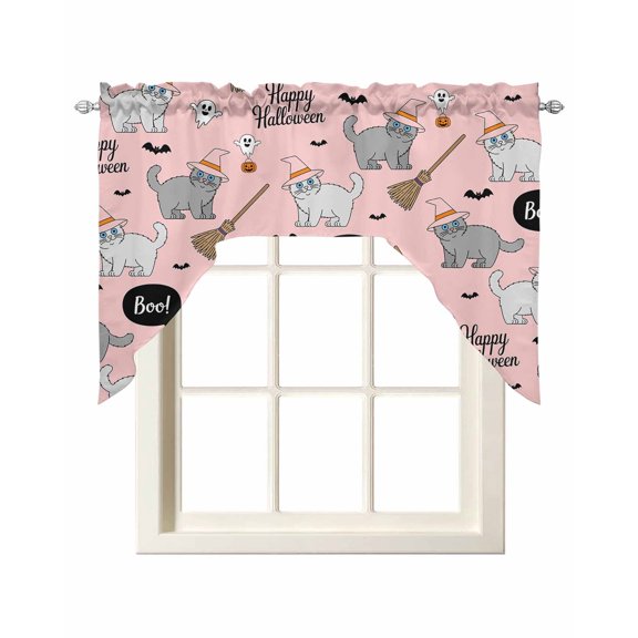 Pink Halloween Swag Valances for Windows, Small Curtains Drapes, Cat Bat Ghost Pumpkins Kitchen Window Curtains Over Sink Rod Pocket Window Treatment Valance for Bedroom/Bathroom 56"x36"