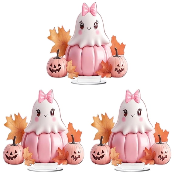 Pink Halloween Table Decor, 2D Acrylic Halloween Desktop Ornament, Cute Ghost Pumpkin Display Piece, Fall Season Tabletop Accent, Holiday Atmosphere Decoration for Home Office Room,Pink*3