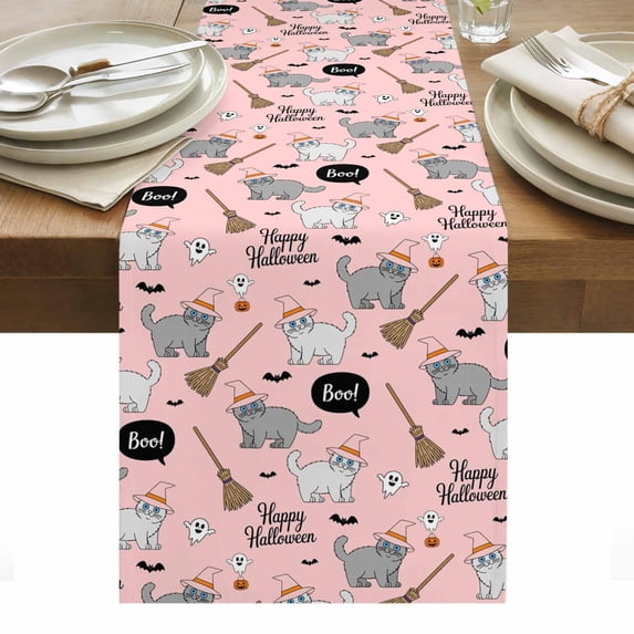 Pink Halloween Table Runner - 108 Inch Long, Kitchen Dining Table Runner Dresser Scarves, Cat Bat Ghost Pumpkins Farmhouse Decor for Coffee Tables Wedding Party Banquet