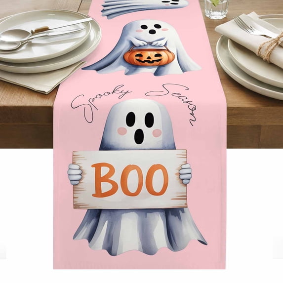Pink Halloween Table Runner - 120 Inch Long, Kitchen Dining Table Runner Dresser Scarves, Cute Ghost Modern Art Farmhouse Decor for Coffee Tables Wedding Party Banquet
