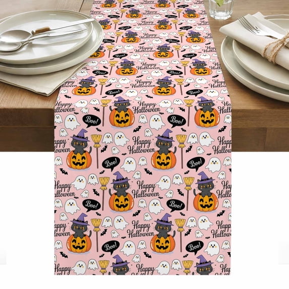 Pink Halloween Table Runner - 72 Inch Long, Kitchen Dining Table Runner Dresser Scarves, Pumpkins Cat Ghost Black Bat Farmhouse Decor for Coffee Tables Wedding Party Banquet