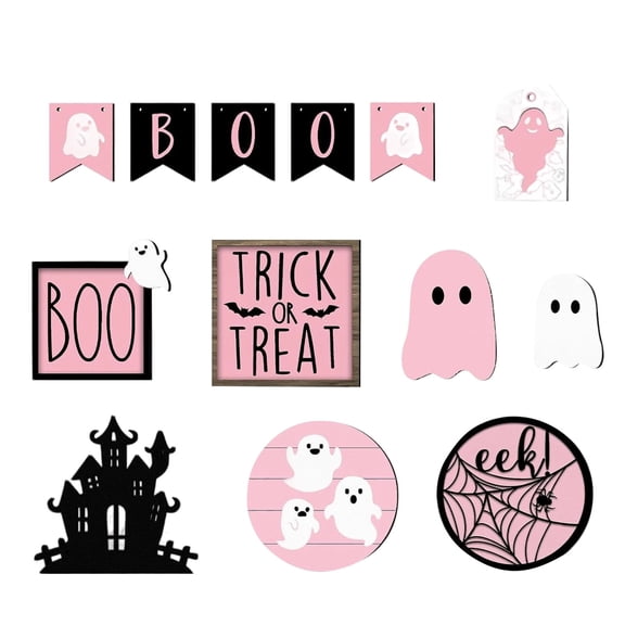 Pink Halloween Tiered Decor Set, Cute Ghost Wooden Signs Farmhouse Happy Halloween Spooky Boo Wood Block Centerpieces for Table Shelf Party Decorations Home Multiple Sizes