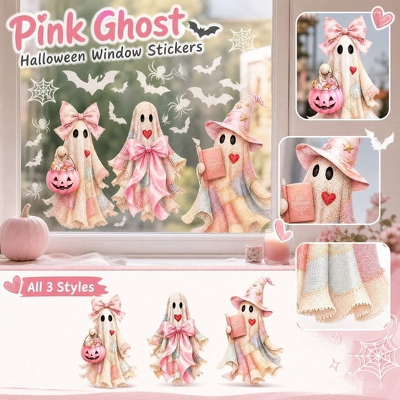 Pink Halloween Window Clings Decor,Halloween Pink Ghost Static Cling Window Decals,No Glue Reusable for Home, Office & Party Windows