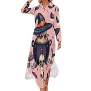 YHX66 Pink Halloween Witch Cauldron Pattern Chiffon Dress V Neck Dresses Women Casual Dress