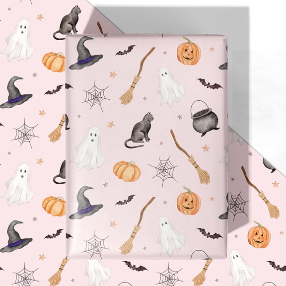 Pink Halloween Wrapping Paper - 4 Jumbo Sheets, 28 * 40 Inches - Spider, Ghosts, Waith Hats, Cats and Pumpkin Gift Wrap, Perfect for Halloween's Decorations, Holiday, Party