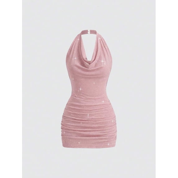 Pink Halter Neck Ruched Sequin Knit Bodycon Mini Dress For Women