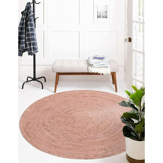 Pink Hand Braided Round Rugs Farmhouse Rugs for Living Area Rug for Bedroom, Kitchen, Living Room, Indoor Outdoor Rug Carpet 5" Square Feet (60x60 Inch) Pink