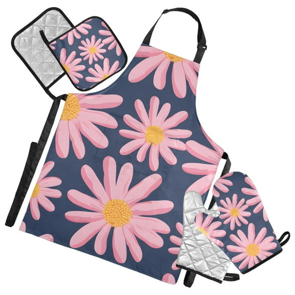 Pink Hand Drawn Daisy 5 Pcs Kitchen Set Heat Resistant Oven Mitts and Non-Slip Pot Holders with Adjustable Cooking Apron