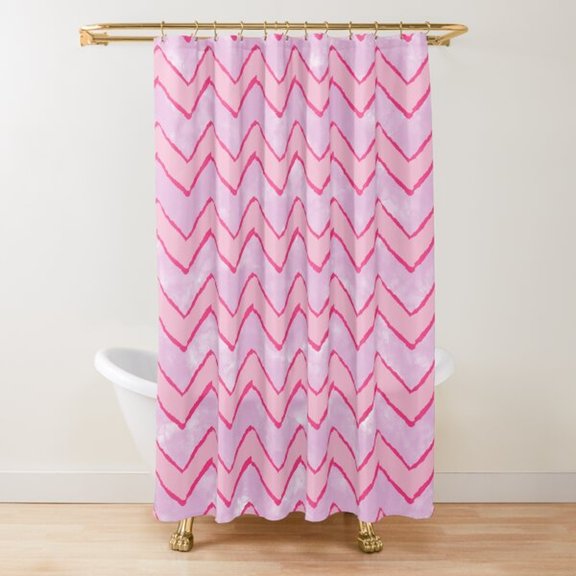 Pink Hand-Drawn Zigzag Chevron Shower Curtain, 100% Polyester, Contemporary Bathroom Decor