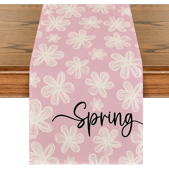 Pink Hand-Painted Daisy Flower 210 GSM Spring Table Runner, Seasonal Summer Kitchen Dining Table Decoration for Home Party Decor 13x72 Inch