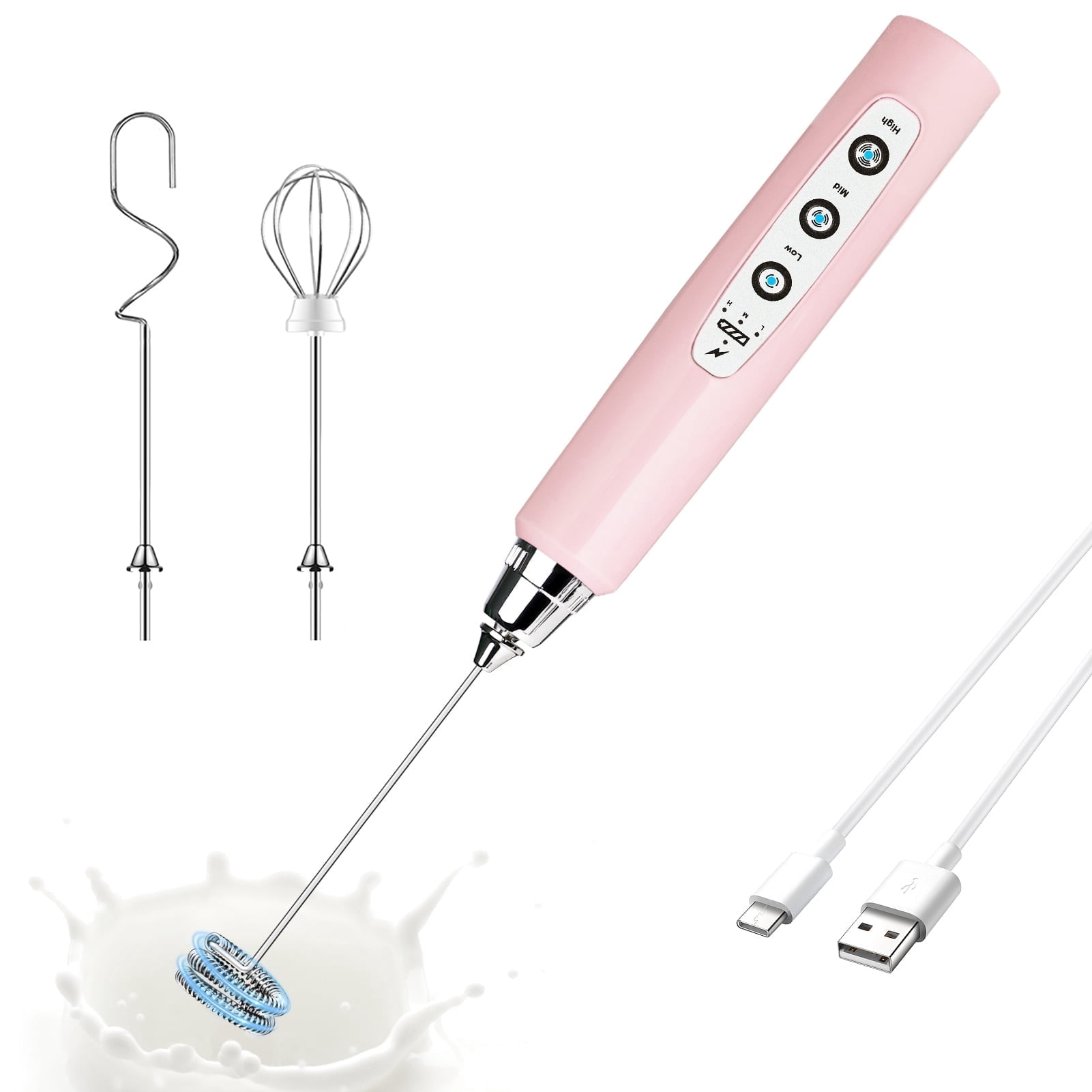 Pink Handheld Milk Frother Wand for Coffee, Rechargeable Electric Whisk with 3 Heads 3 Speeds Drink Mixer Coffee Frother For Latte, Cappuccino, Hot Chocolate, Egg