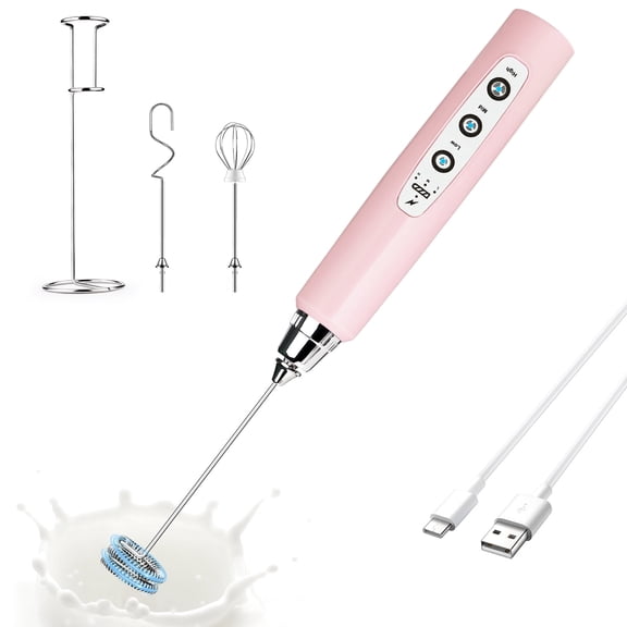Pink Handheld Milk Frother Wand with Stand for Coffee, Rechargeable Electric Whisk with 3 Heads 3 Speeds Drink Mixer Coffee Frother For Latte, Cappuccino, Hot Chocolate, Egg