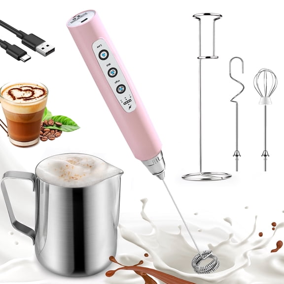 Pink Handheld Milk Frother Wand with Stand & 14oz Milk Frothing Pitcher Milk Coffee Cappuccino Latte Art
