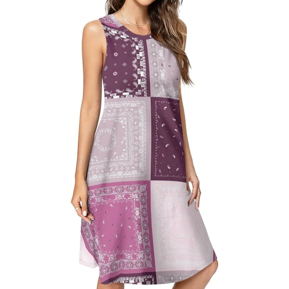 Pink Handkerchief Paisley Design Spring Summer Dresses for Women Fashion T-shirt Dress Casual Sleeveless Loose Sundress with Pockets