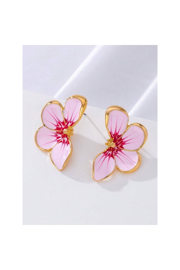 Pink Handpainted Enamel Floral Stud Earrings With Goldtone Metal Frame