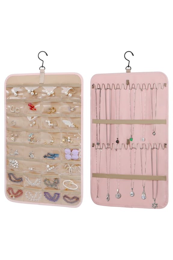 Pink Hanging Jewelry Organizer, Necklace Holder Anti-tangle Earrings Rings Hanger with Jewelry Bags Travel Storage Roll