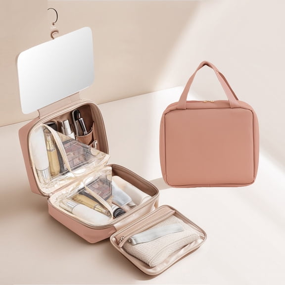 Pink Hanging Toiletry Bag with Mirror Portable Travel Makeup Organizer and Cosmetic Case