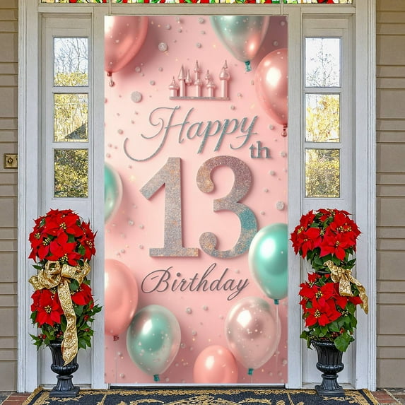 Pink Happy 13th Birthday Banner Glitter Design Princess Castle Backdrop Gold Lettering Colorful Balloons 13th Birthday Display for 13th Birthday Party Girls' Celebration Princess Party
