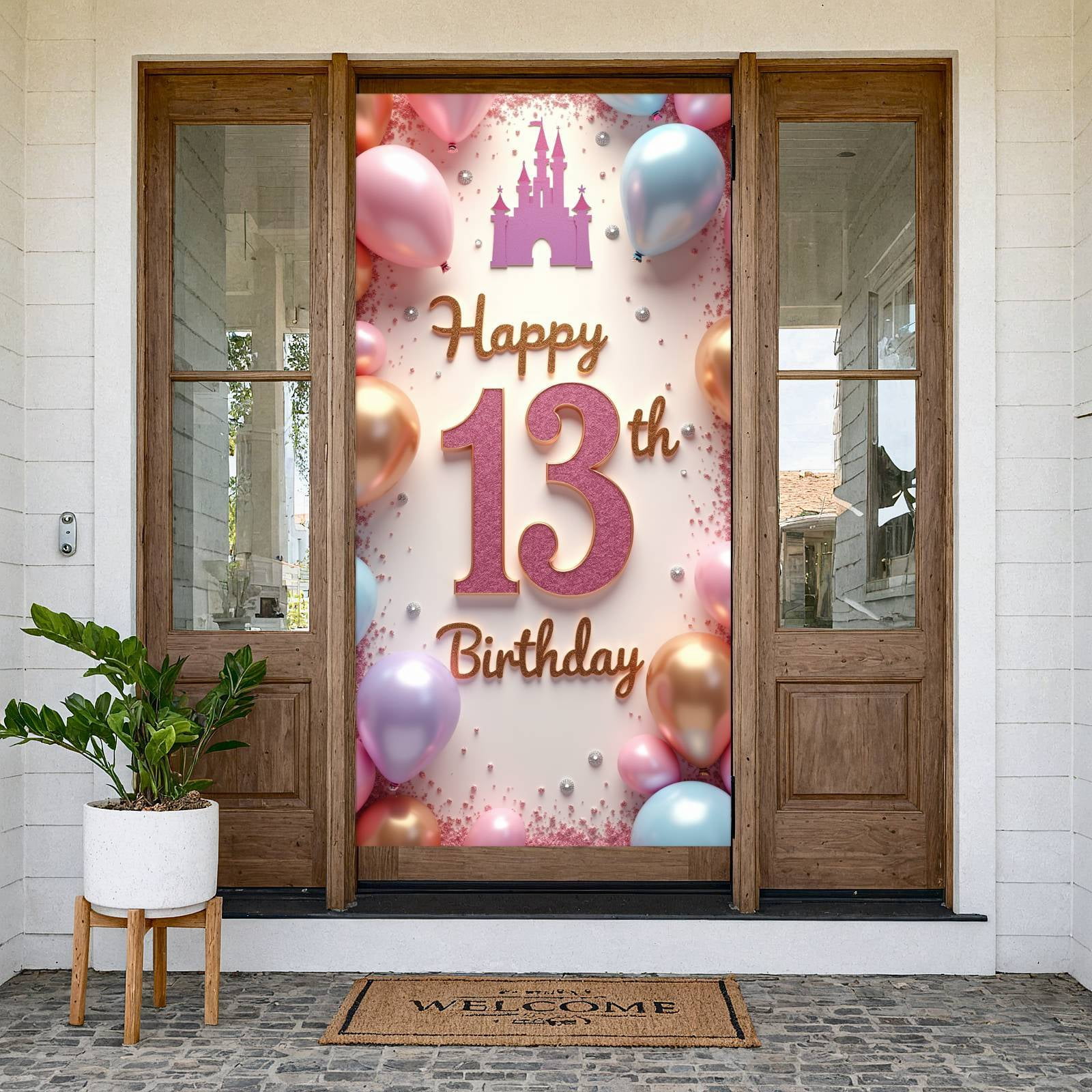 Pink Happy 13th Birthday Banner Glitter Design Princess Castle Backdrop ...