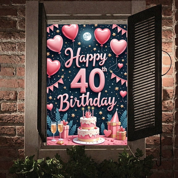 Pink Happy 40th Birthday Banner Heart Balloons 40th Birthday Display Gold Stars Cake Design Birthday Backdrop for 40th Birthday Party Adult Birthday Celebration Indoor Party