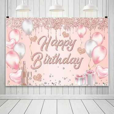 Pink Happy Birthday Backdrop Rose Gold Diamond Balloon Sparkle Shinning Photography Background for Woman Birthday Party Decor Sign Banner Photo Studio Props