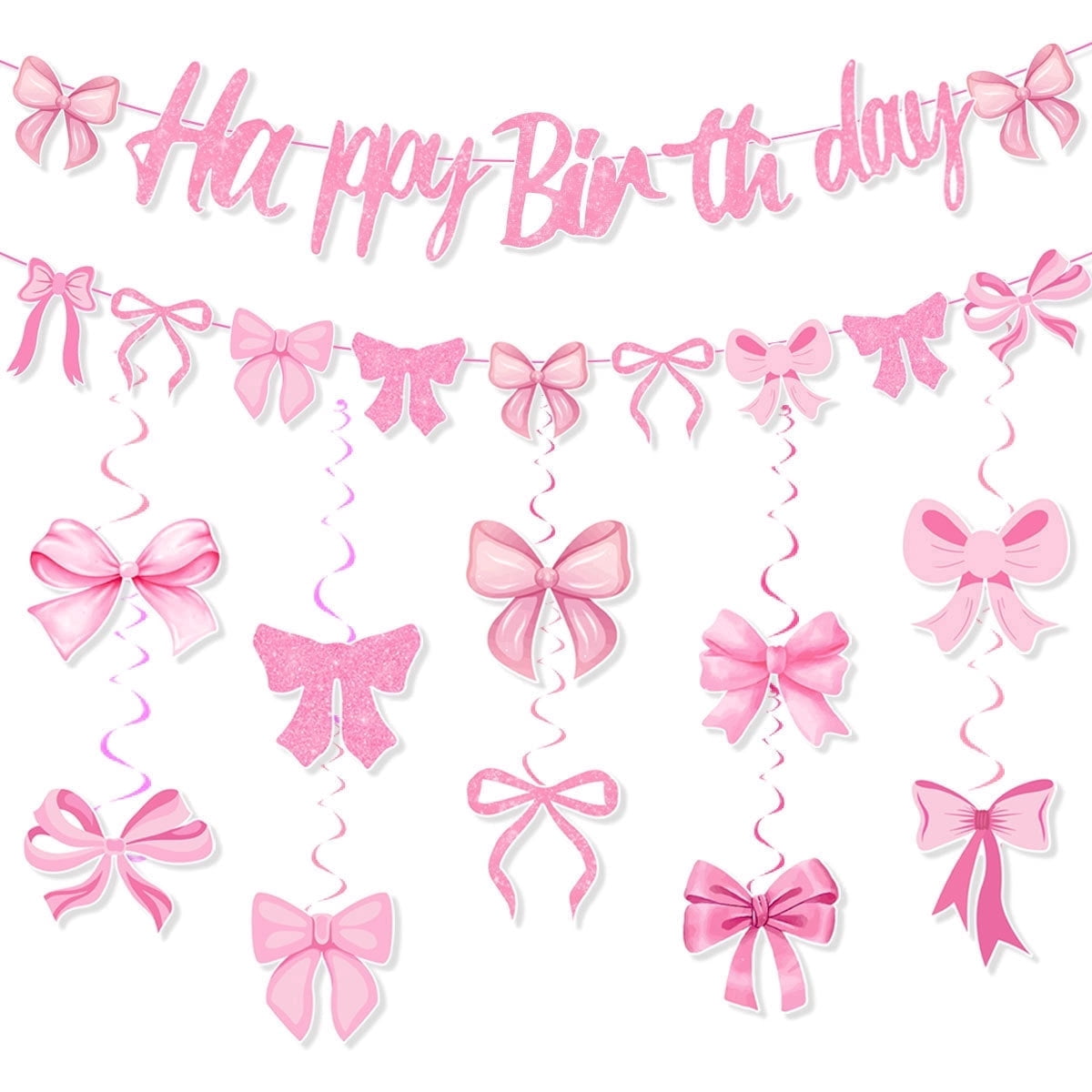 Pink Happy Birthday Banner Decorations,Pink Bow Party Banner with 12Pcs ...