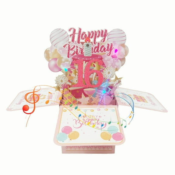 Pink Happy Birthday Music Greeting Card With Luminous Stereo Box – Musical Birthday Card With Envelopes, 3D Light-Up Gift Card For All Ages, Unique Birthday Gift For Women, Girls & Kids