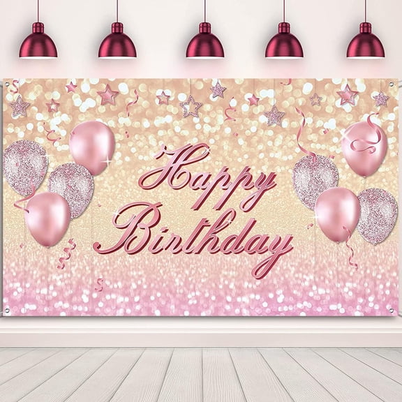 Pink Happy Birthday Party Decorations Supplies Rose Gold Balloon Glitter Birthday Backdrop Photography Background for Women Girl Birthday Banner Baby Shower Party Supplies 72.8 X 43.3 Inch