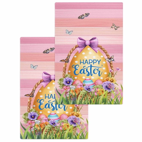 Pink Happy Easter Kitchen Dish Towels for Drying Dishes Set of 2, Spring Easter Eggs Floral Wooden Waffle Weave Microfiber Hand Tea Bathroom Towels Quick Dry & Absorbent Towel 15.7x23.6