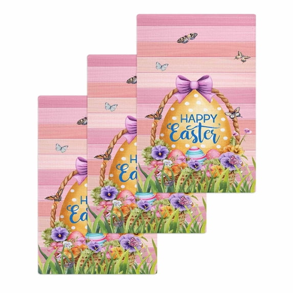 Pink Happy Easter Kitchen Dish Towels for Drying Dishes Set of 3, Spring Easter Eggs Floral Wooden Waffle Weave Microfiber Hand Tea Bathroom Towels Quick Dry & Absorbent Towel 15.7x23.6