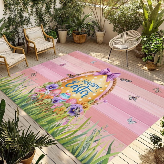 Pink Happy Easter Outdoor Rug for Patio/Deck/Porch, Non-Slip Large Area Rug 5 x 8 Ft, Spring Easter Eggs Floral Wooden Indoor Outdoor Rugs Washable Area Rugs, Reversible Camping Rug Carpet Runner
