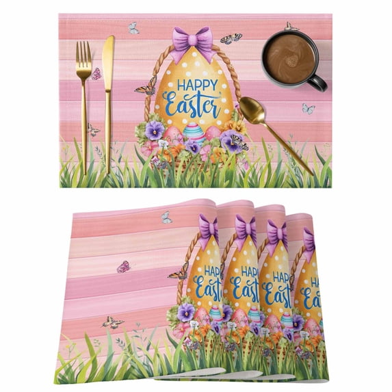 Pink Happy Easter Placemats Set of 8 Spring Easter Eggs Floral Wooden Place Mats Indoor Wipeable Table Mats Washable Cloth Dining Table Placemats for Kitchen Holiday Party Home Decor 13x19 Inch