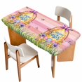 thumbnail image 1 of Pink Happy Easter Table Cloths for 4 Foot Rectangle Tables, Spring Easter Eggs Floral Wooden Patio Waterproof Elastic Fitted Tablecloths, Washable Rectangular Table Cover for Camping, 1 of 8